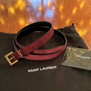 SAINT LAURENT MONOGRAM BELT - SUEDE MAROON/RED